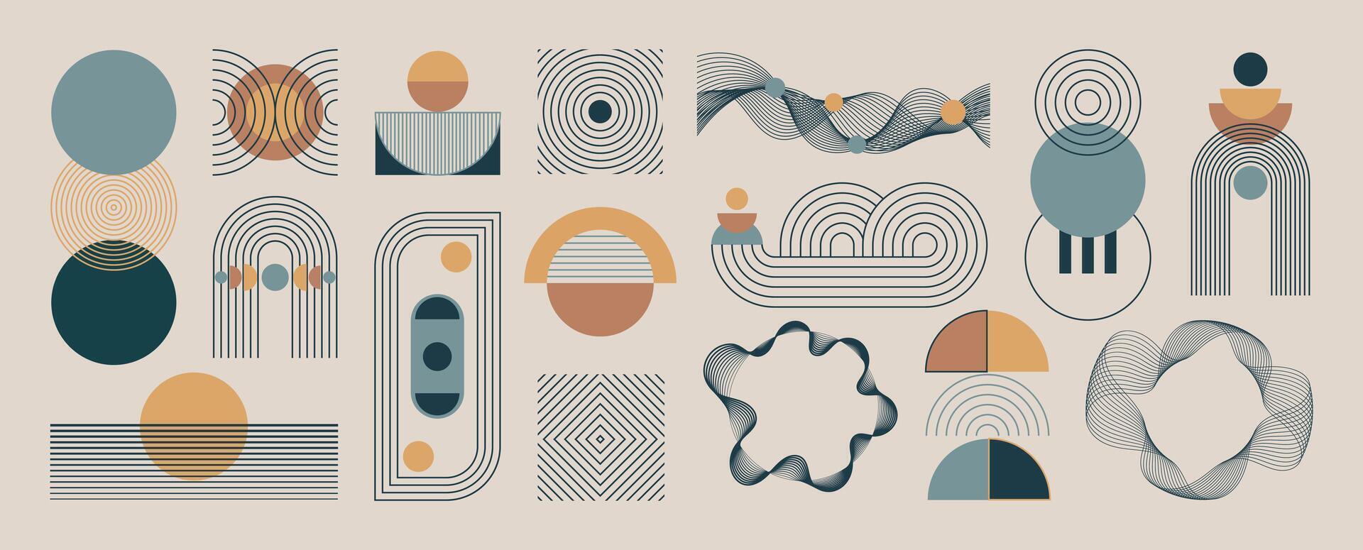 Hand drawn abstract minimal element mid century set. Aesthetic contemporary stripe line art, geometric shape in monochrome. Art form design for wall art, decoration, wallpaper. vector