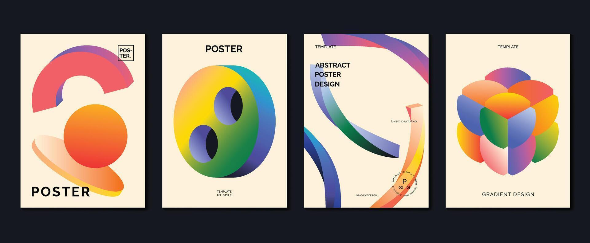 Modern gradient poster background set. Minimalist style cover template with vibrant perspective 3d geometric prism shapes collection. Ideal design for social media, cover, banner, flyer. vector
