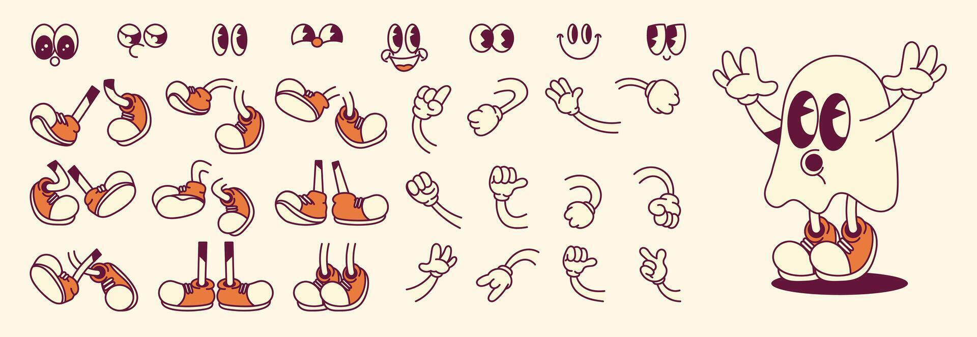 Set of 70s groovy comic faces . Collection of cartoon character faces, leg, hand in different emotions happy, angry, sad, ghost. Cute retro groovy hippie illustration for decorative, sticker. vector