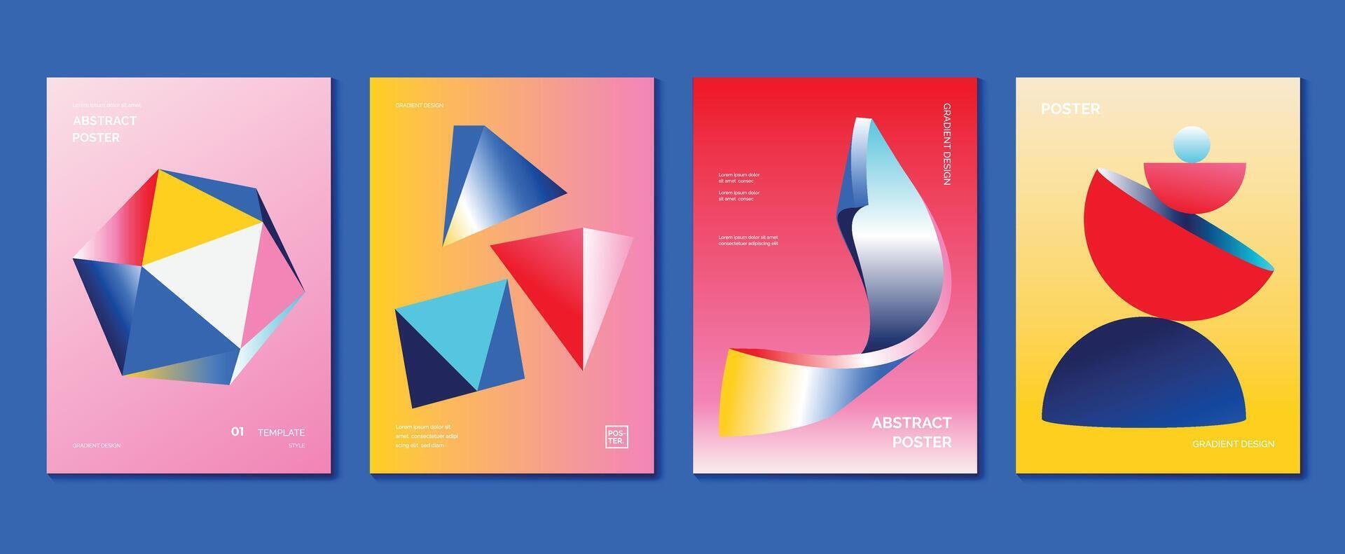 Modern gradient poster background set. Minimalist style cover template with vibrant perspective 3d geometric prism shapes collection. Ideal design for social media, cover, banner, flyer. vector