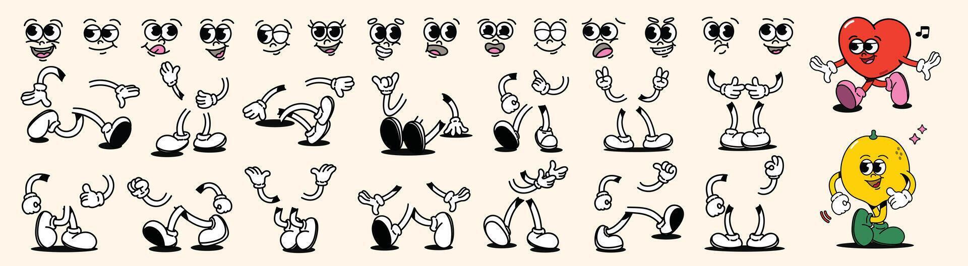 Set of 70s groovy comic faces . Collection of cartoon character faces, leg, hand in different emotions happy, angry, heart, lemon. Cute retro groovy hippie illustration for decorative, sticker. vector