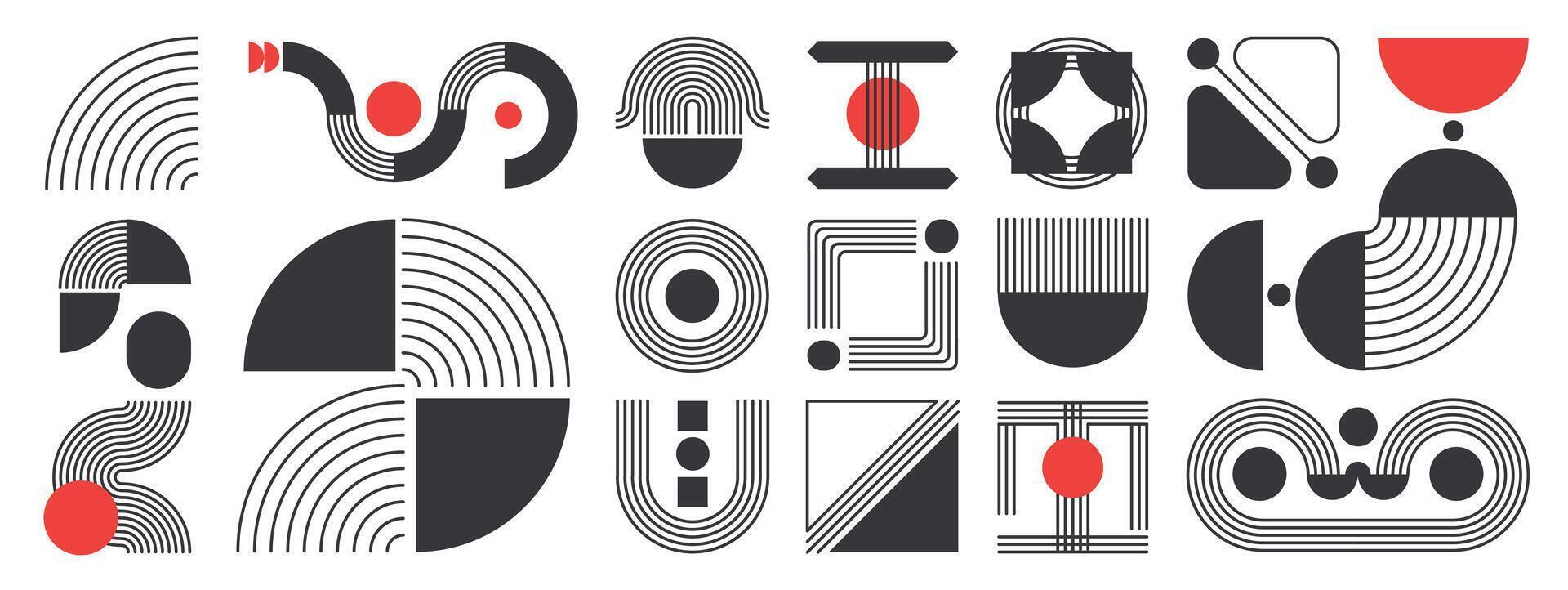 Hand drawn abstract minimal element mid century set. Aesthetic contemporary stripe line art, geometric shape in monochrome. Art form design for wall art, decoration, wallpaper. vector