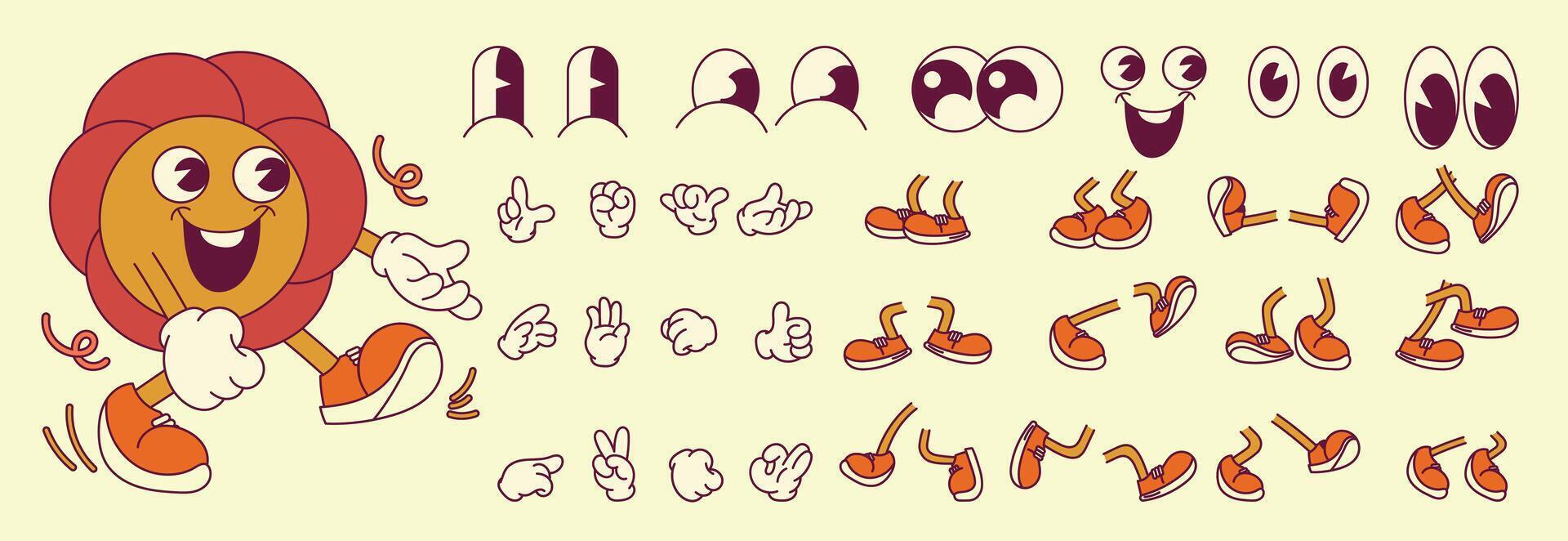 Set of 70s groovy comic faces . Collection of cartoon character faces, leg, hand in different emotions happy, angry, sad, flower. Cute retro groovy hippie illustration for decorative, sticker. vector