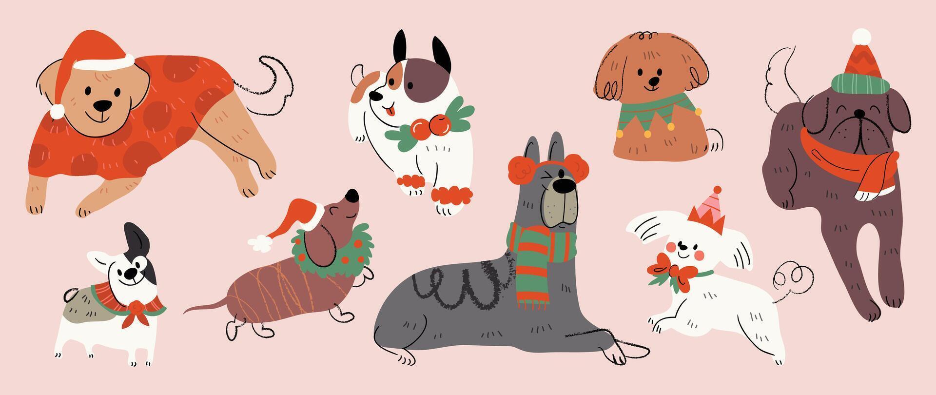 Merry christmas and happy new year concept background . Collection drawing of cute dogs with decorative scarf, ribbon, hat. Design suitable for banner, invitation, card, greeting, banner, cover. vector
