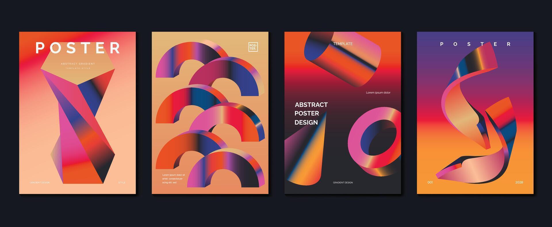 Modern gradient poster background set. Minimalist style cover template with vibrant perspective 3d geometric prism shapes collection. Ideal design for social media, cover, banner, flyer. vector