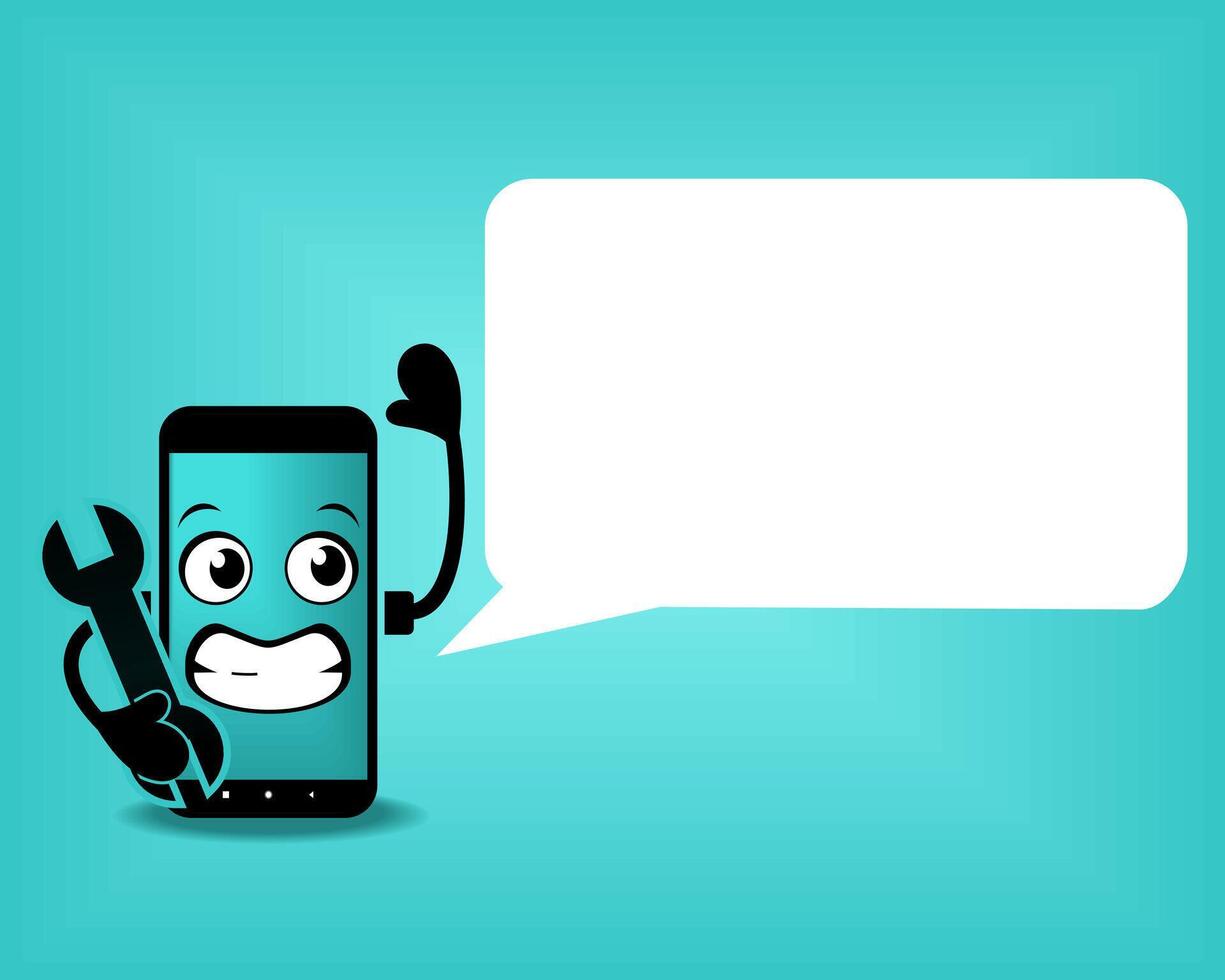 Cute smartphone mascot repair service. Mobile phone character with speech bubble blank empty. Phone character talking, presenting, teaching, speech vector