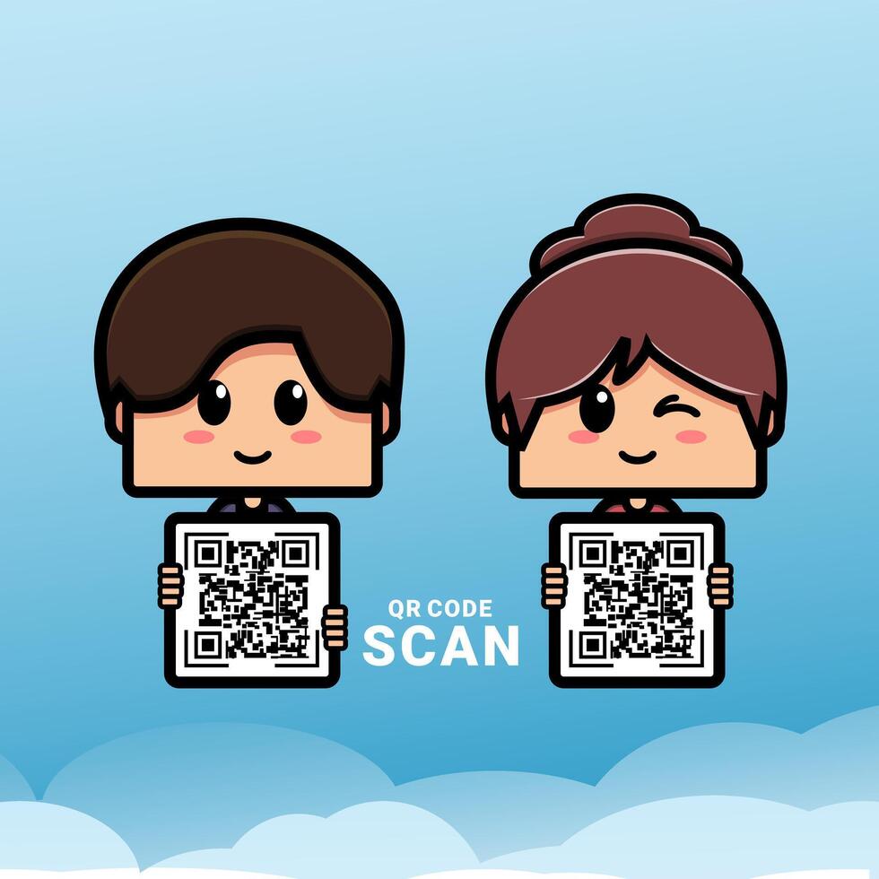 Cute boy and girl character holding QR code. Scanning QR code vector