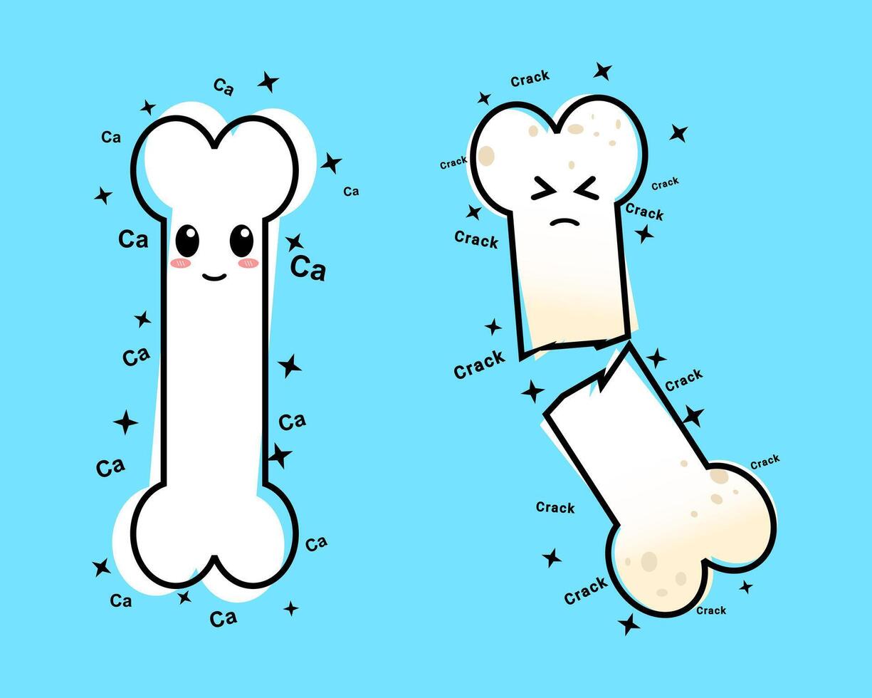 Healthy happy bone and sick sad unhealthy osteoporotic bone, fracture vector