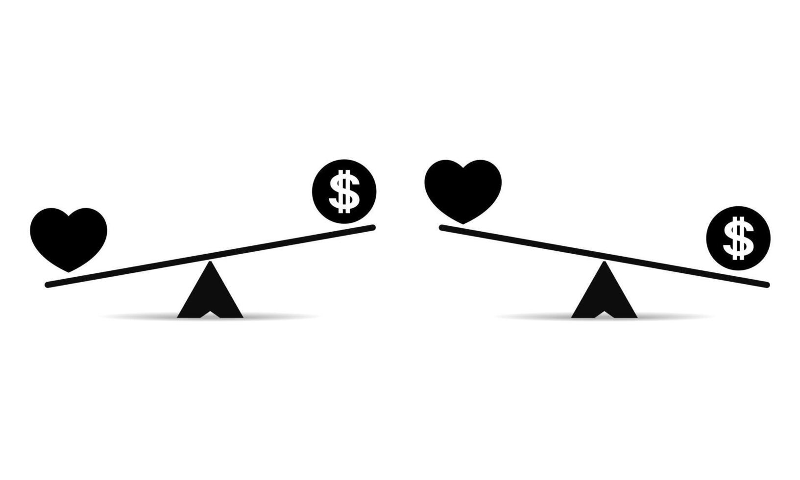 Set of balance between heart, love and money icon. Scales comparison of money and heart vector