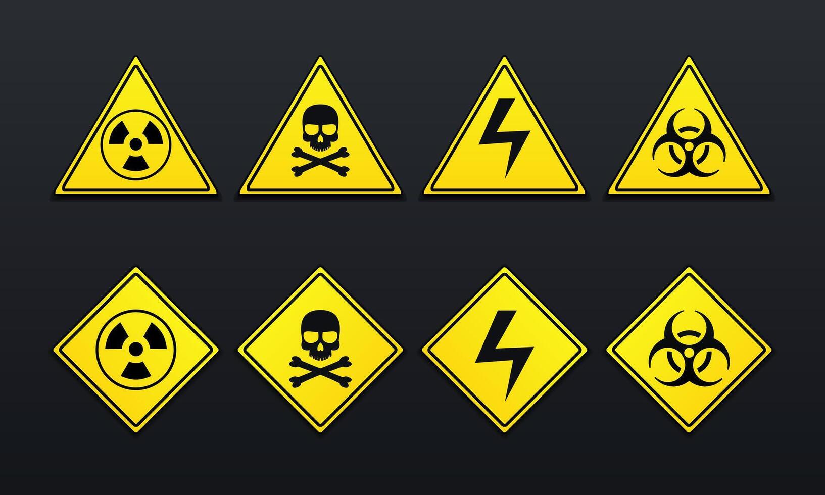 Set of warning signboard. Biohazard, crossbones, high voltage, toxic, radioactive zone signboard vector