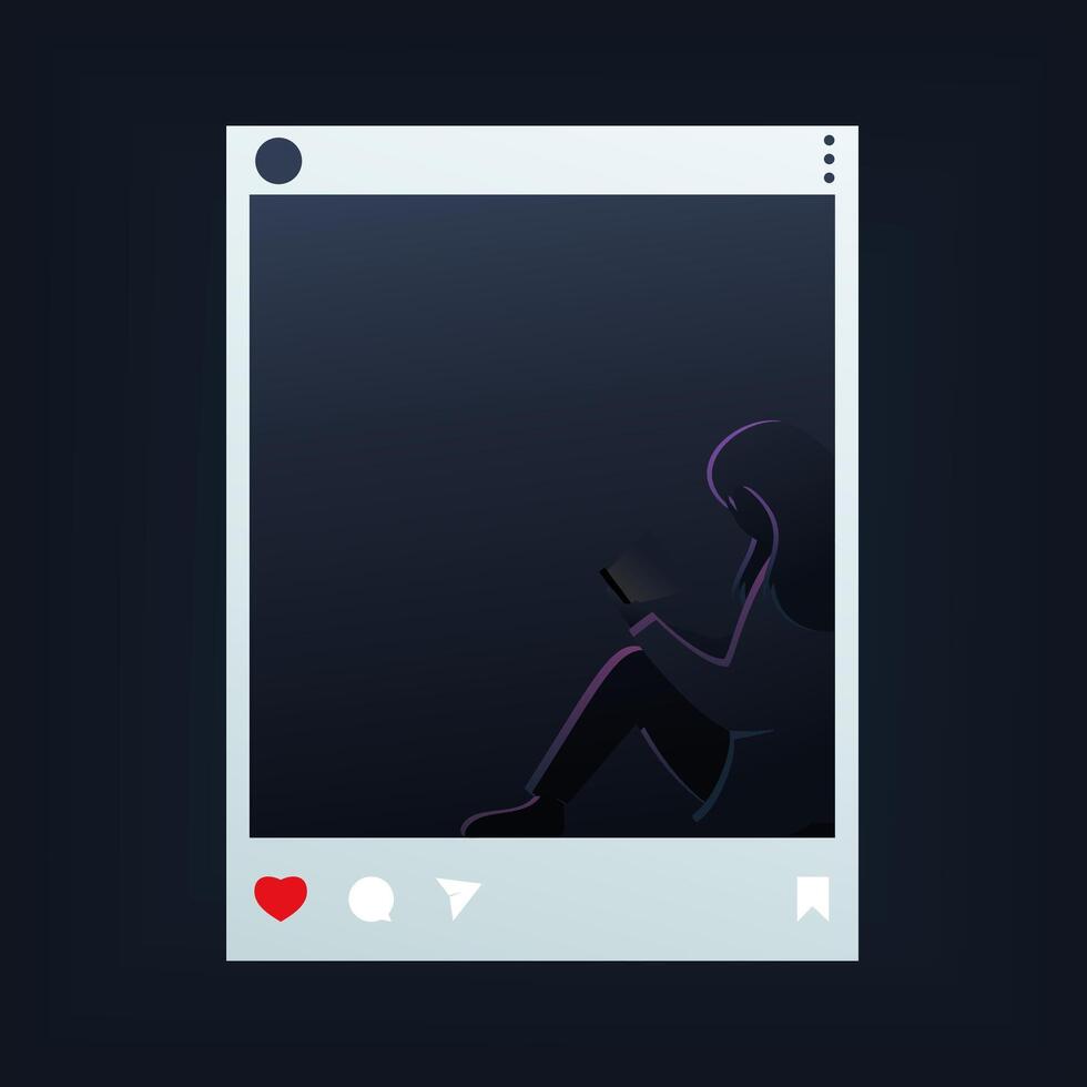 Silhouette of a female character sitting alone playing smartphone. Social media addiction. Social Media Anxiety Disorder vector