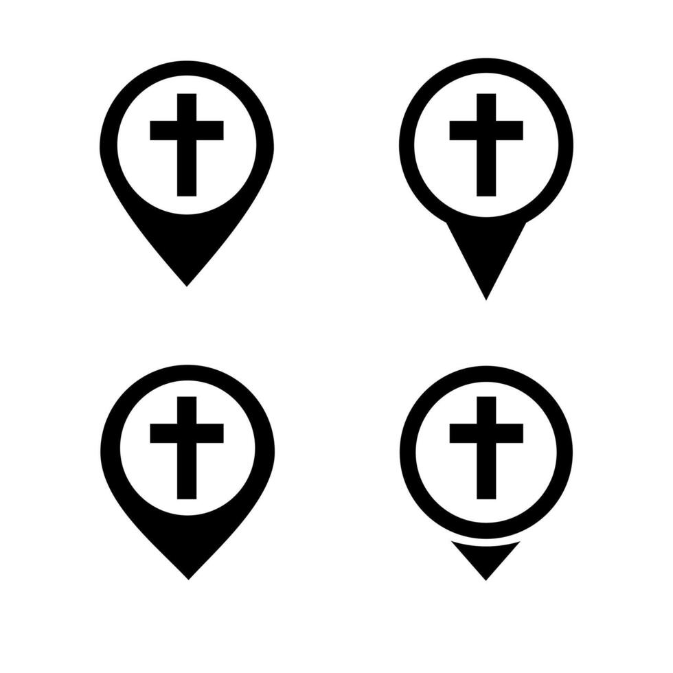 Set of map pointer with christian cross icon. Church pin location vector
