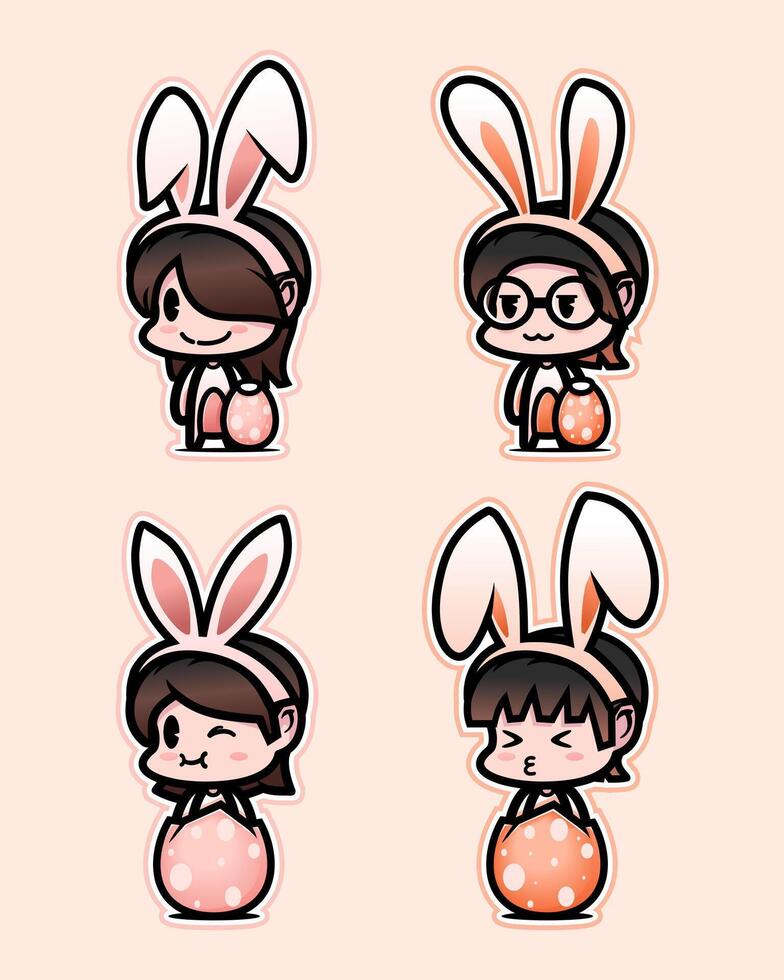 Cute little girl wears bunny ears. Happy Easter. Cute cartoon characters inside colored easter eggs vector