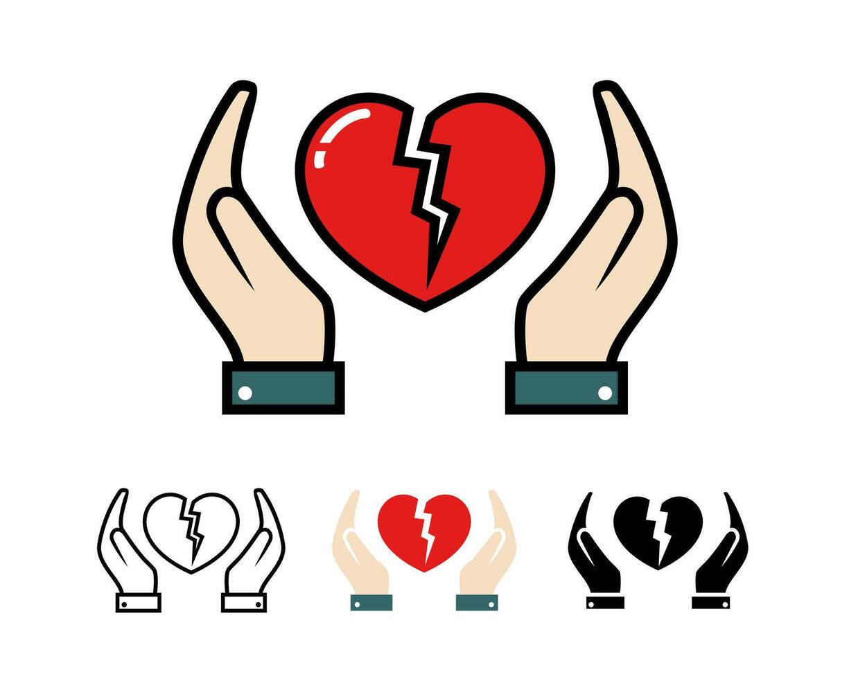 Set of hands holding a broken heart. Heartbreak, heartache vector