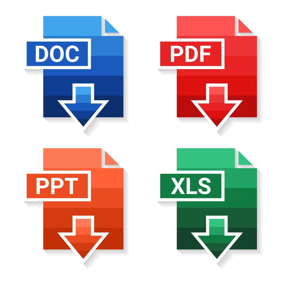 Set of of file type. Format and extension of documents. PDF, DOC, PPT and XLS. File download vector