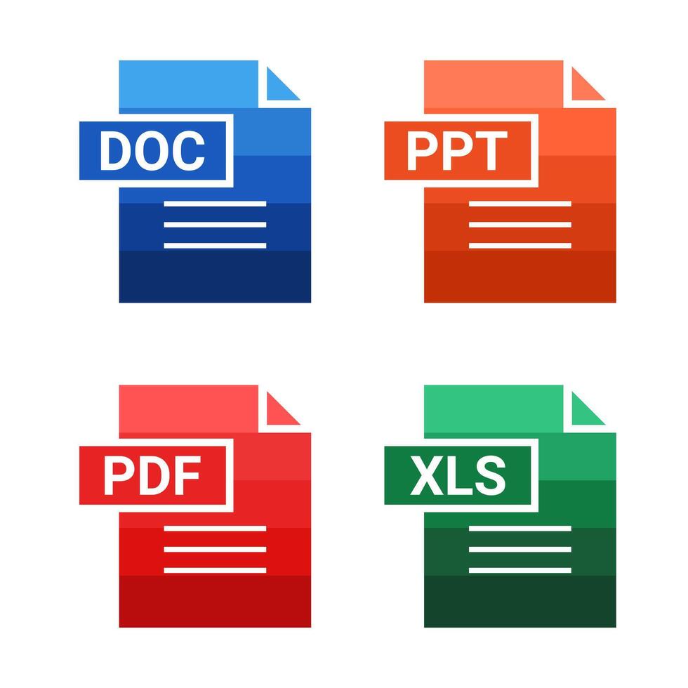 Set of of file type. Format and extension of documents. PDF, DOC, PPT and XLS vector