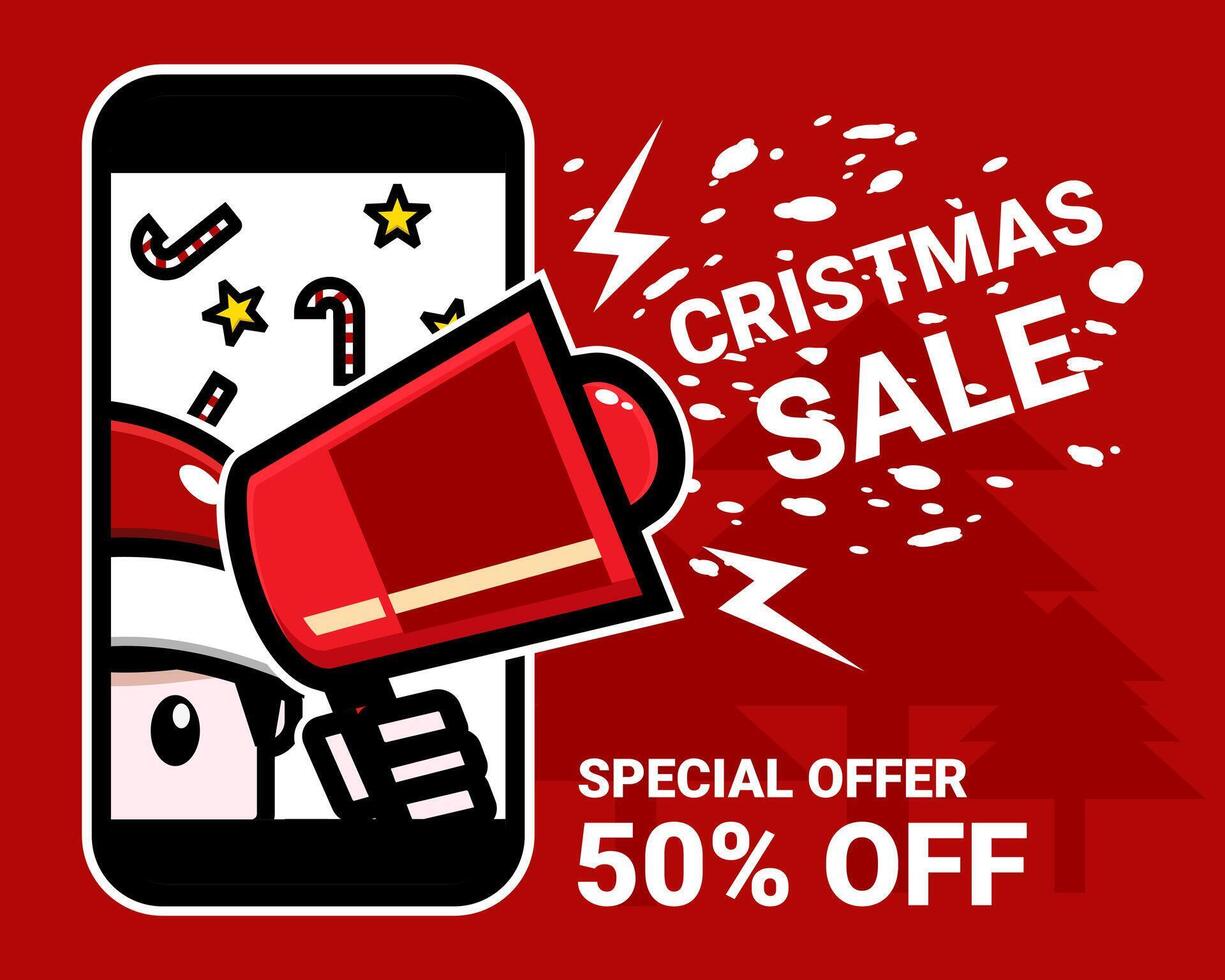 Happy Christmas Day digital marketing. Dicount banner. Cute character holding megaphone in mobile vector