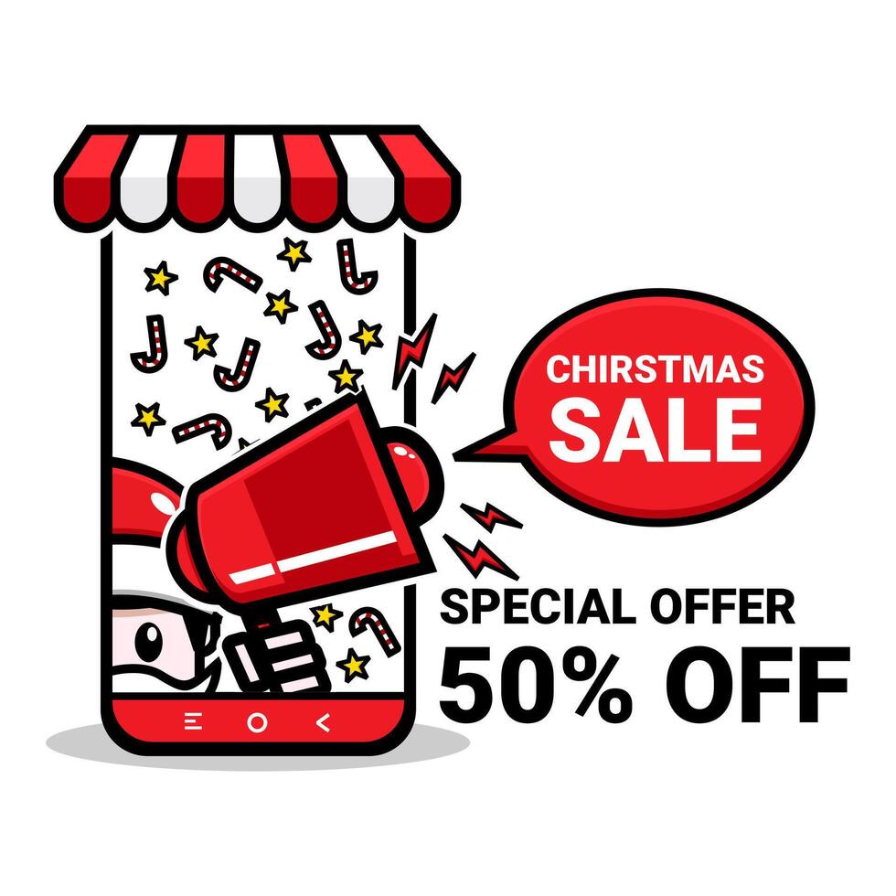 Happy Christmas Day digital marketing. Dicount banner. Cute sinterklas holding megaphone in mobile vector