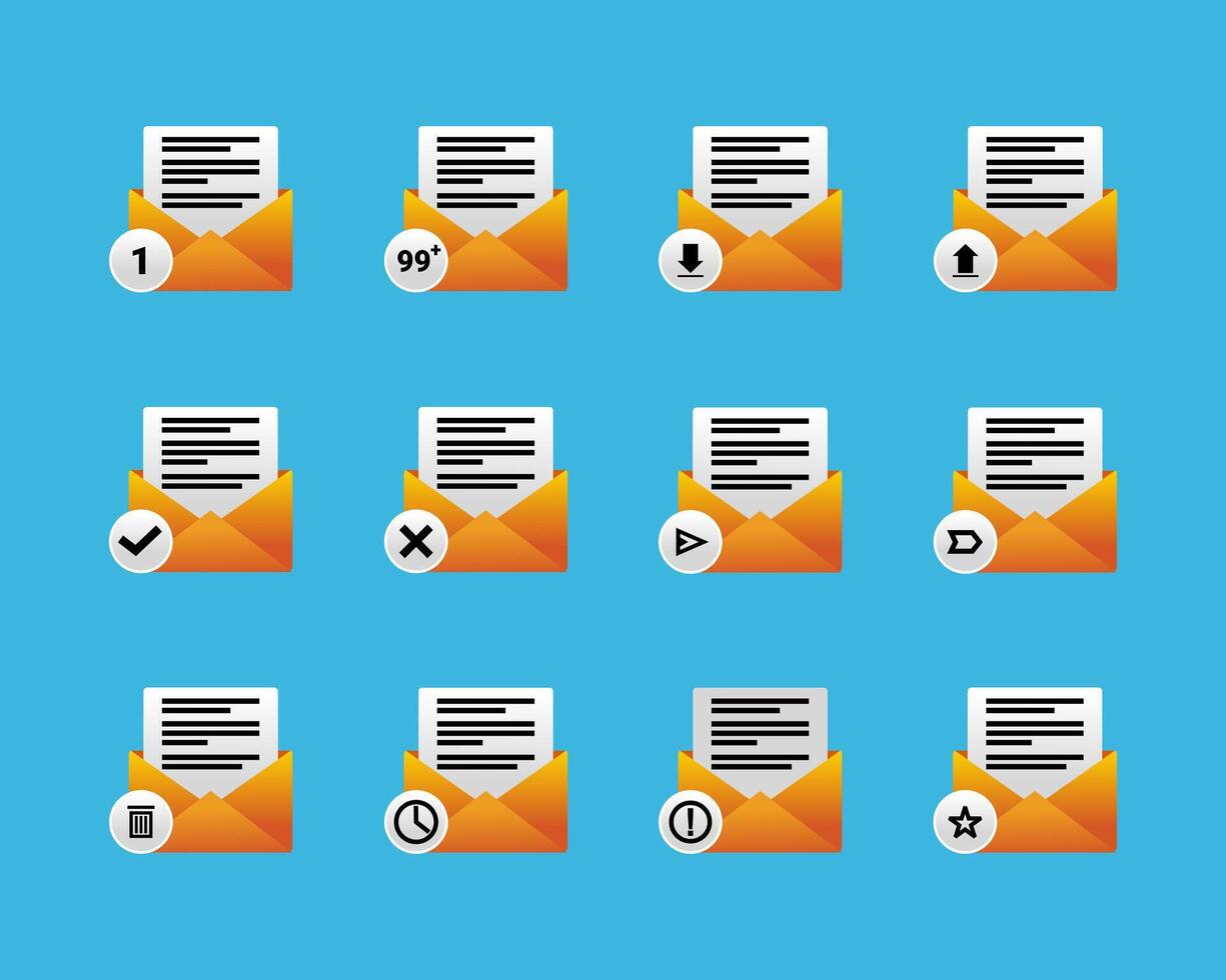 Set of e mail symbol. Email with a file or paper. For you web, app, UI vector