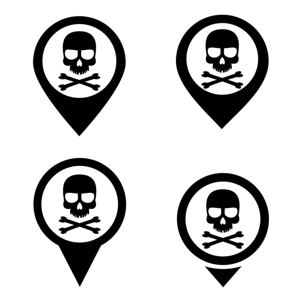 Set of danger area pinpoint sign. Skull, crossbones. Dangerous location vector