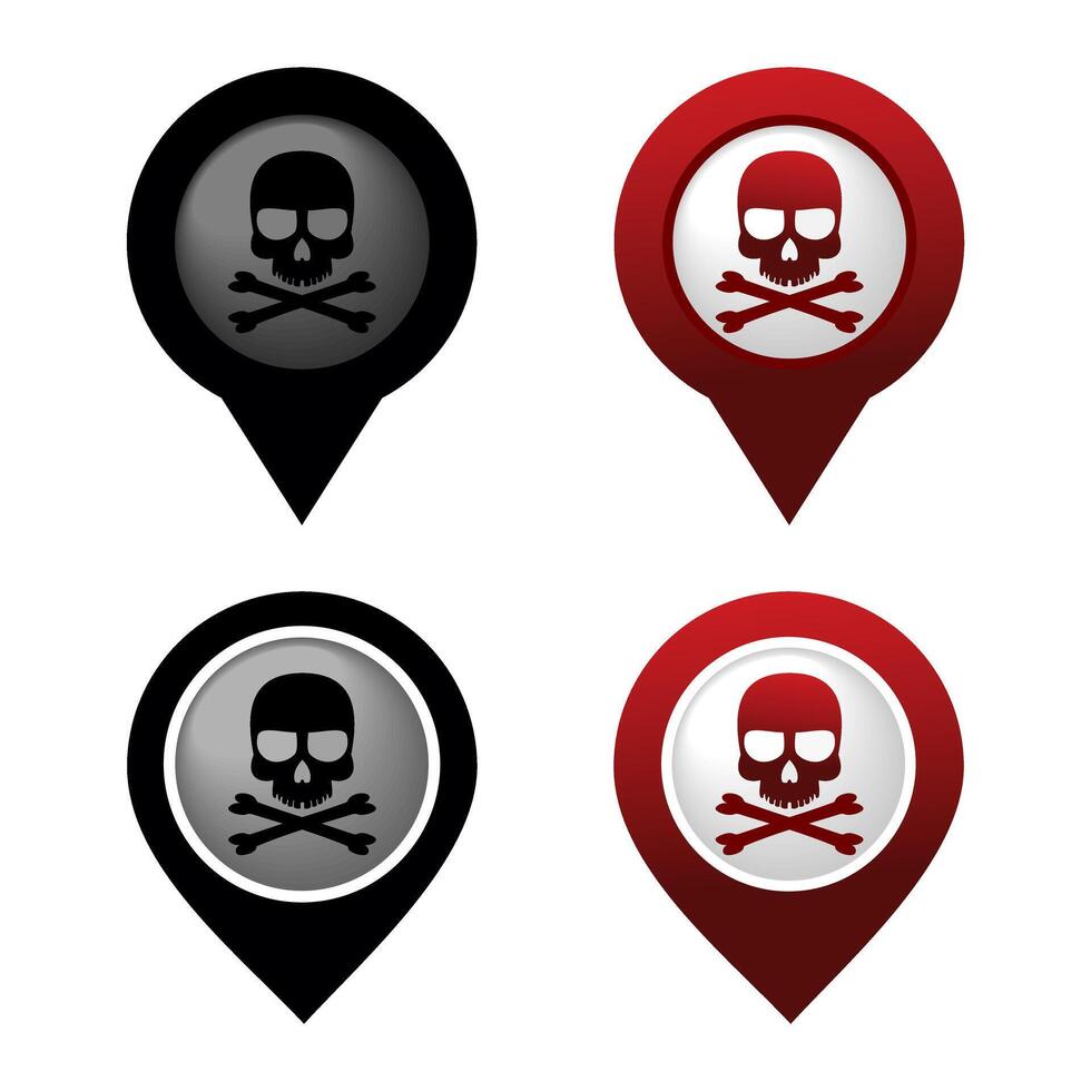 Set of danger area pinpoint sign. Skull, crossbones. Red and black pin map. Dangerous location vector