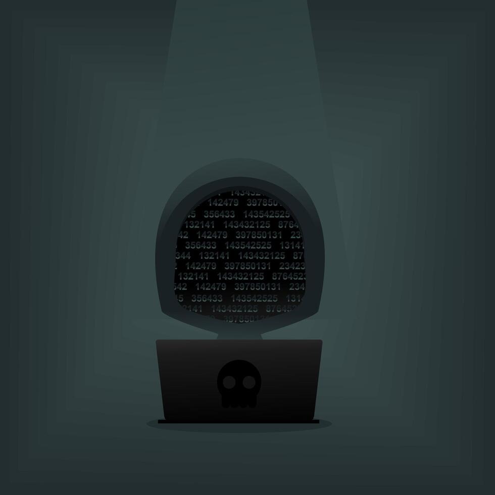Hacker in front of his laptop. Dark face. Hacker using abstract laptop with binary code digital interface vector