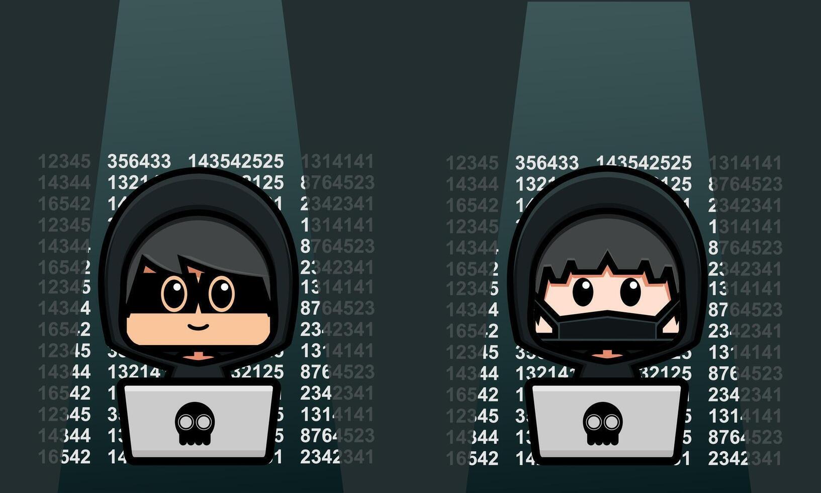 Cute character hacker. Cute anonymous in front of the laptop vector