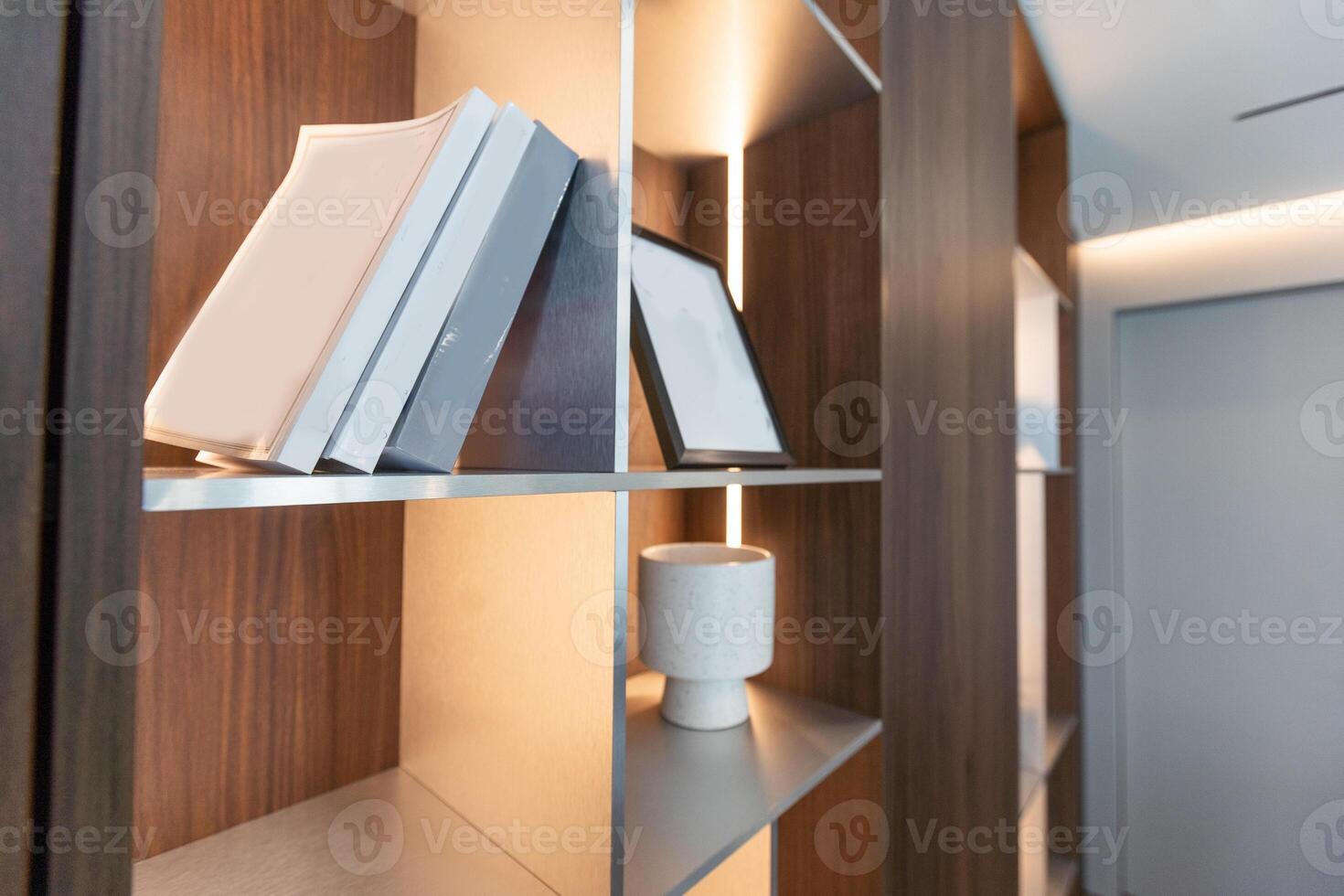 Business room interior with pc computer on desk, shelf with business documents, hardwood floor. Copy space wooden wall, 3D rendering photo