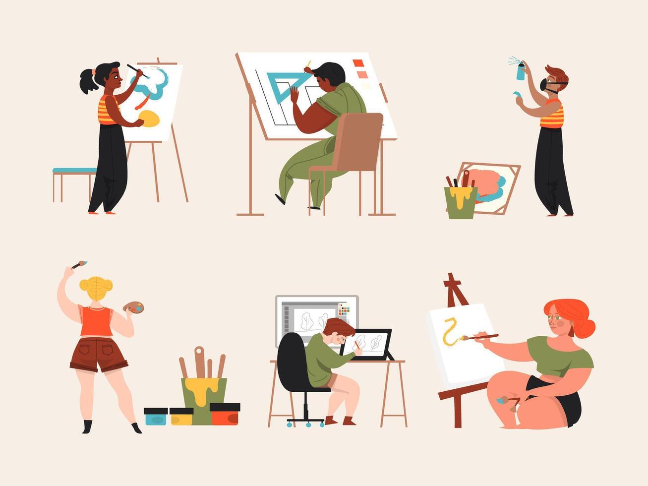 people working on art and painting in different poses vector