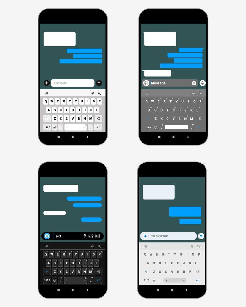 Text message box on smartphone screen with qwerty keyboard. Mobile phone chatting sms empty dialog bubbles template vector