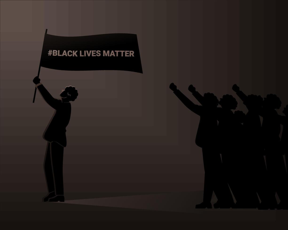 Silhouette of protesters carrying flags. Protest againts racial inequality and injustice. Black lives matter. No racism vector
