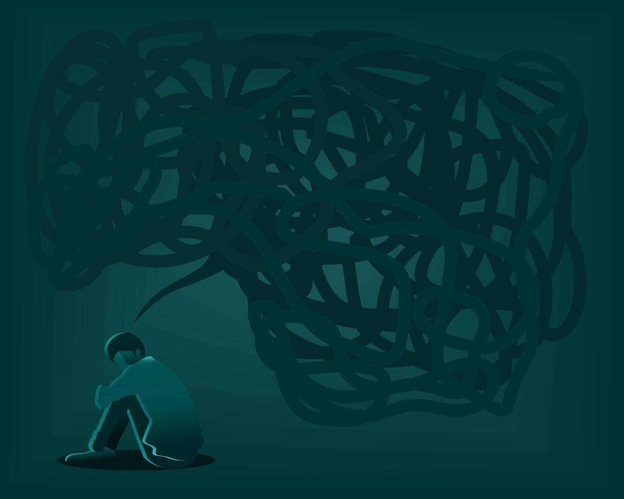 Silhouette of a person sitting on the floor loneliness, overthinking and stressed. Black thinking bubble over head. Anxiety disorder, suffering from anxiety vector