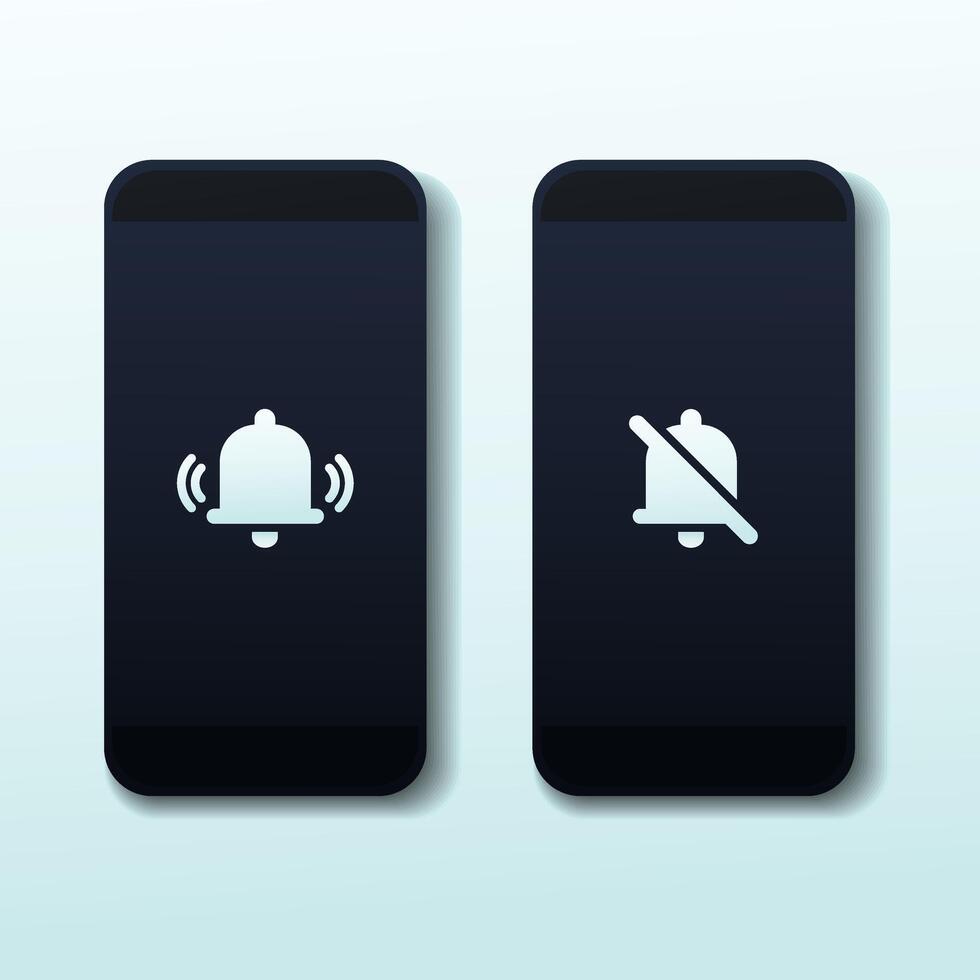 Smartphone volume on and of. Mute sign. Silent mode or vibrate mode on smartphone. Turn on and turn of smartphone alarm ringing vector