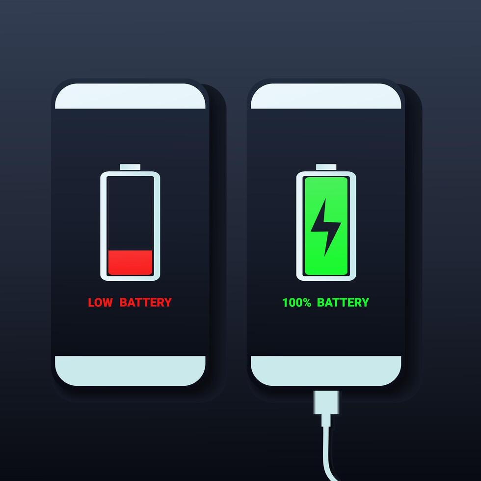 Set of smartphones with low battery and full battery indicators with USB connection. Discharged and fully charged smartphone battery vector