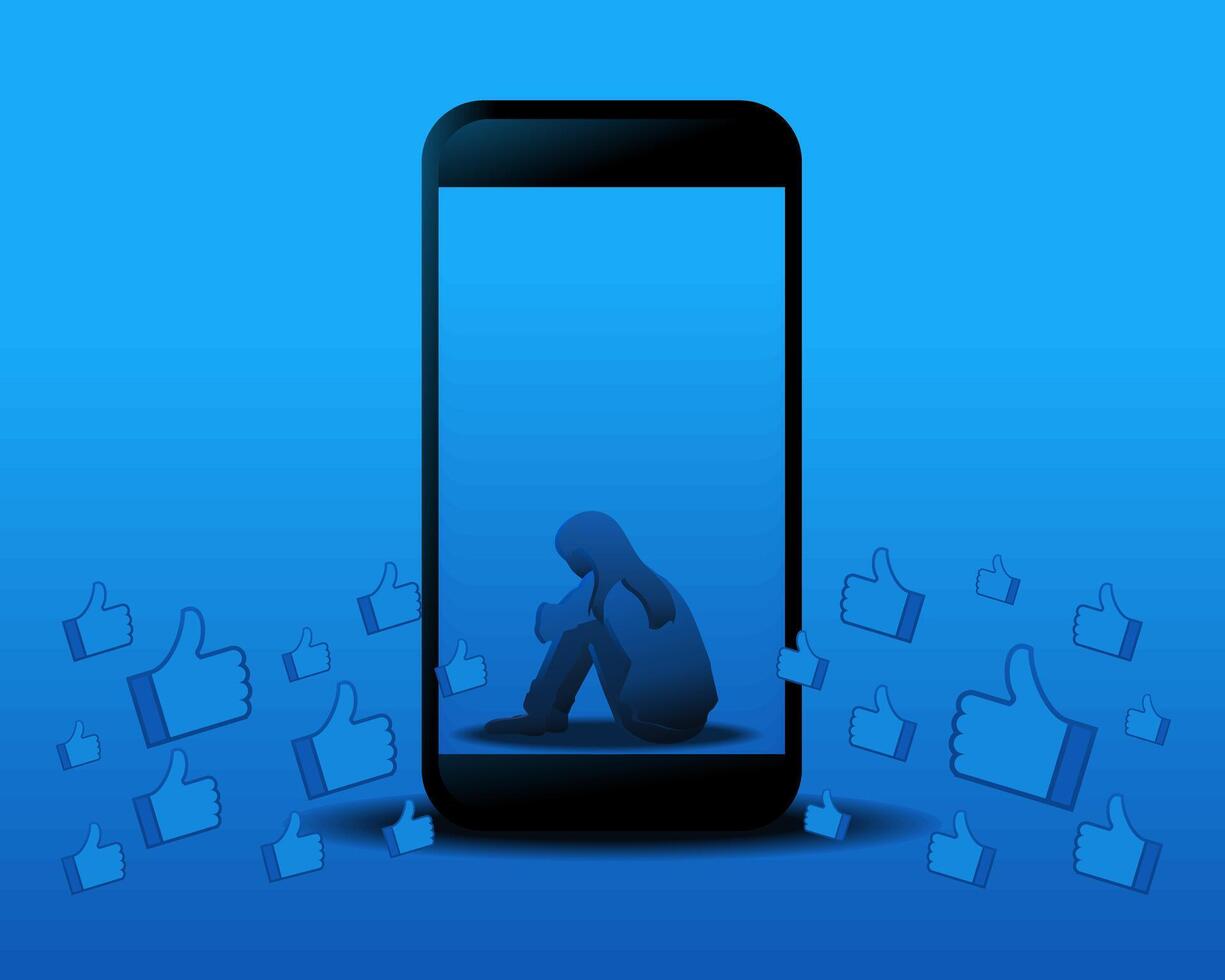 Silhouette of a female character sitting alone on a cellphone gets a lot of likes. Social Media Anxiety Disorder vector