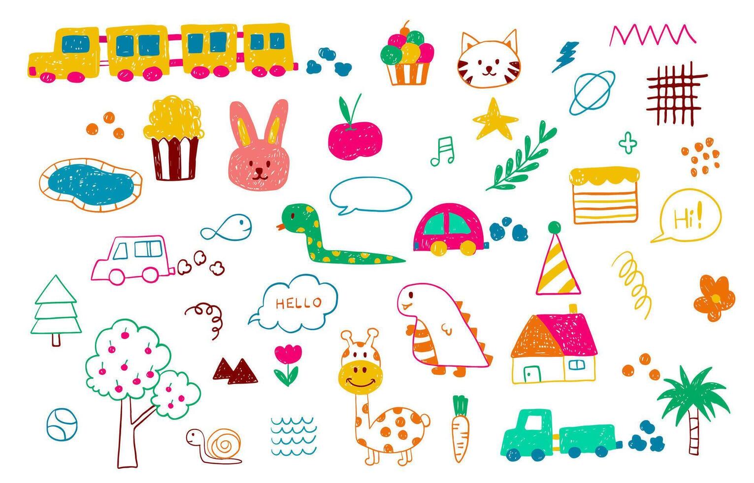 cute scribble element object with train,snake,popcorn,truck,palm tree,dinosaur vector