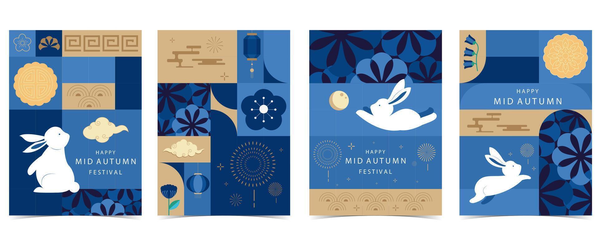 mid autumn geometric festival background with rabbit,mooncake,moon on gold and blue background vector