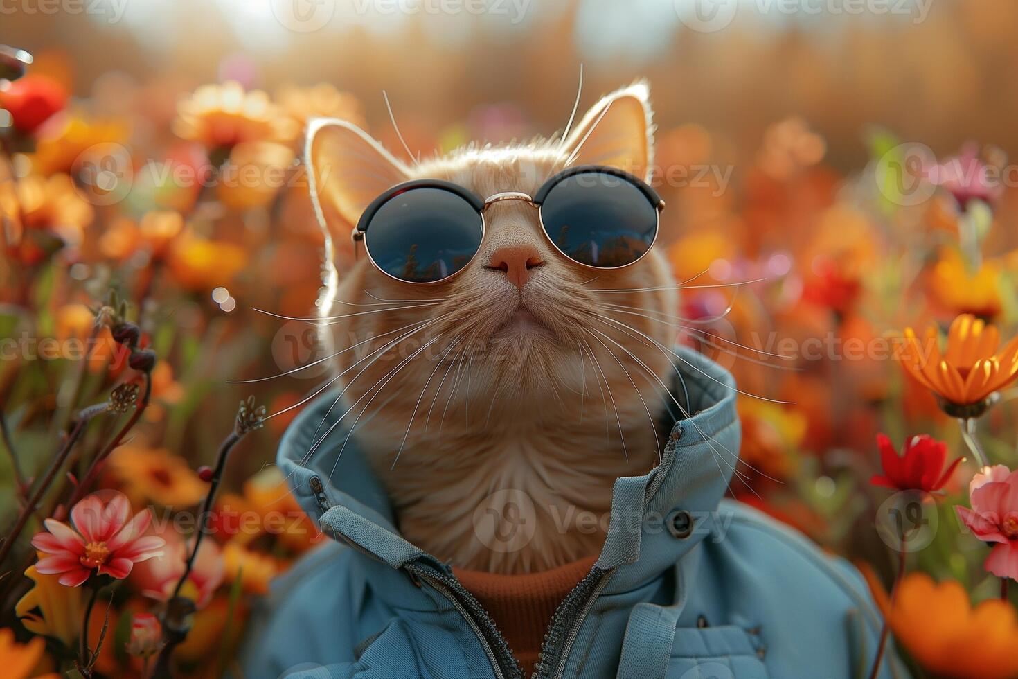 cute cat wearing sunglasses and jacket looking at the camera creative animal concept. . ginger cat, curious cat pet photo