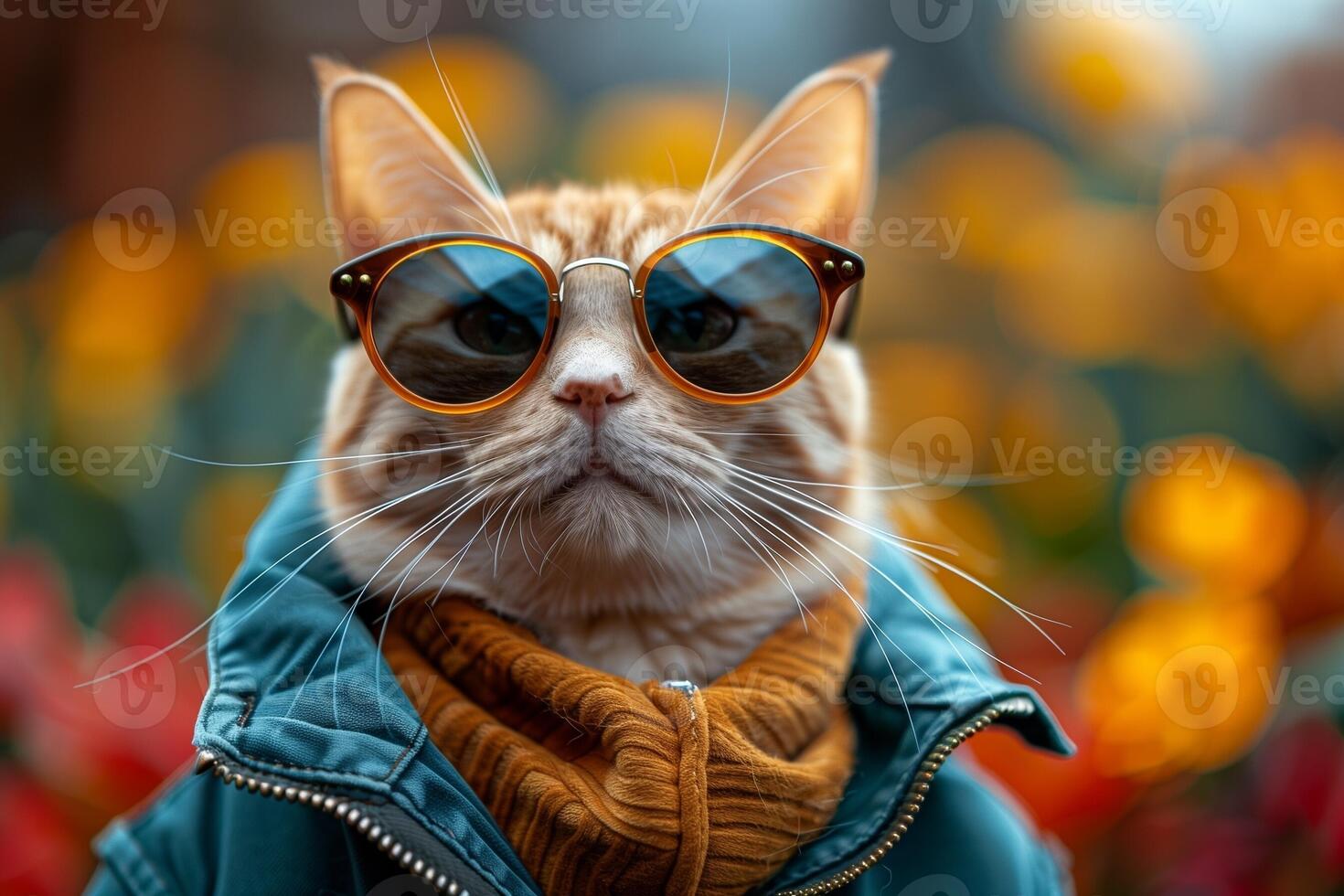 cute cat wearing eyeglasses and blue jacket looking at the camera creative animal concept. . ginger cat, pet, curious cat photo