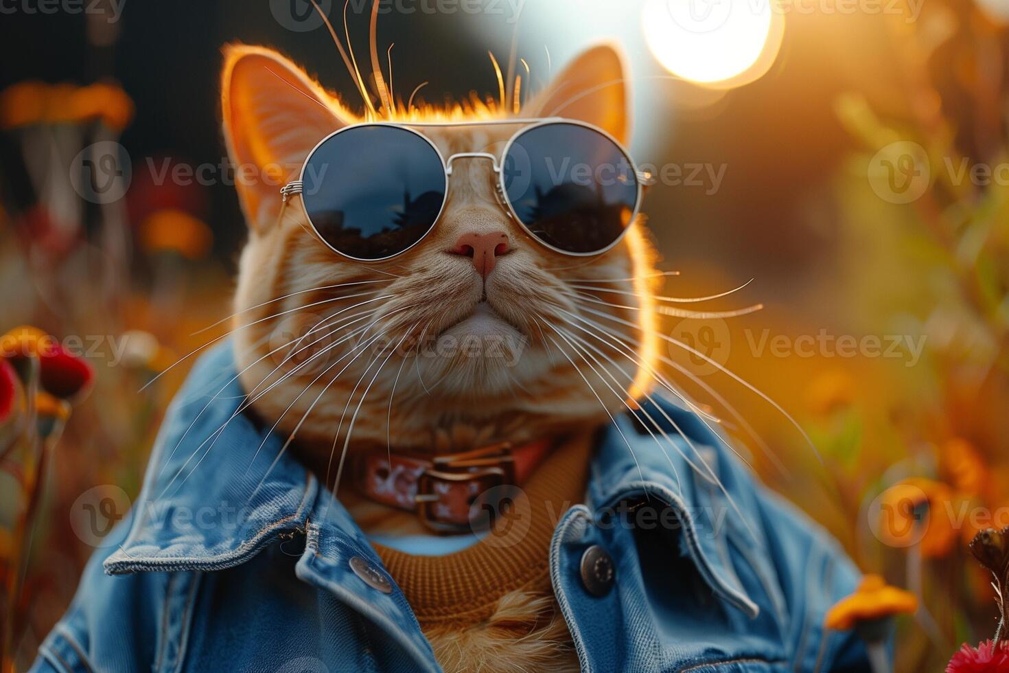 cute cat wearing sunglasses and jacket looking at the camera creative animal concept. . ginger cat, cat photo