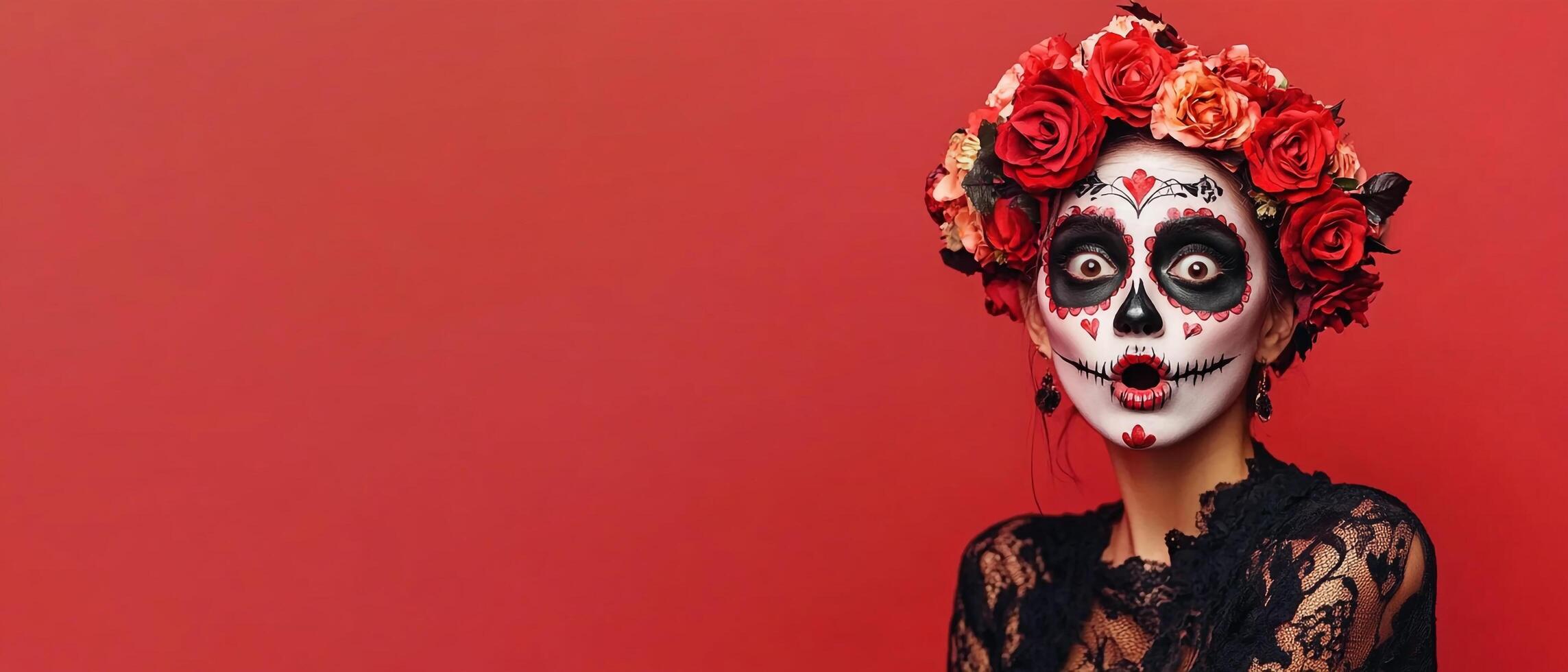 A woman with sugar skull makeup and roses in her hair is shocked by something she sees, isolated on red background with copy space for your text or banner. Dia de Muertos photo
