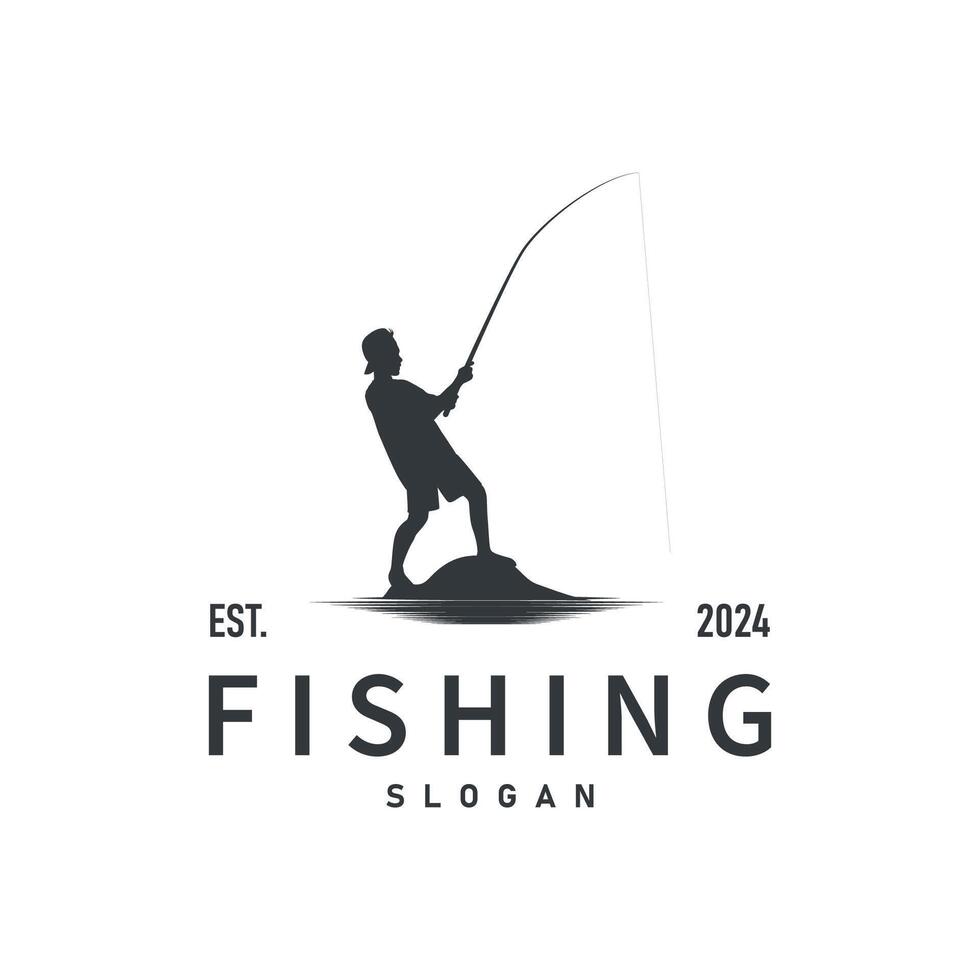 Fishing logo design silhouette of river angler with hook illustration template vector