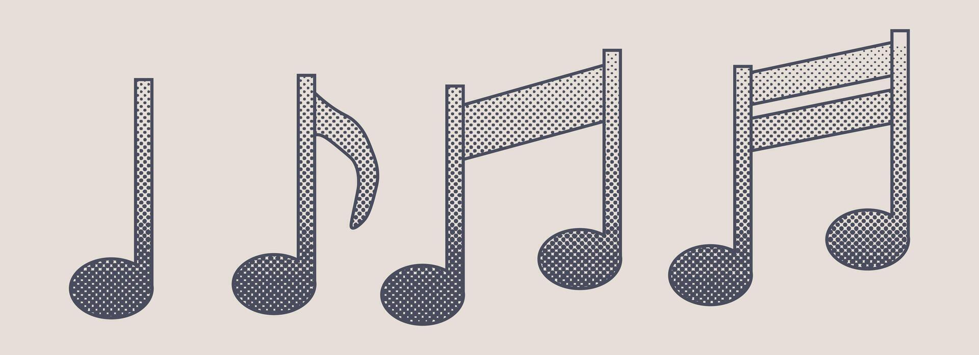 Collection of music notes with halftone effect. Black dots and pop art texture. Retro illustration vector