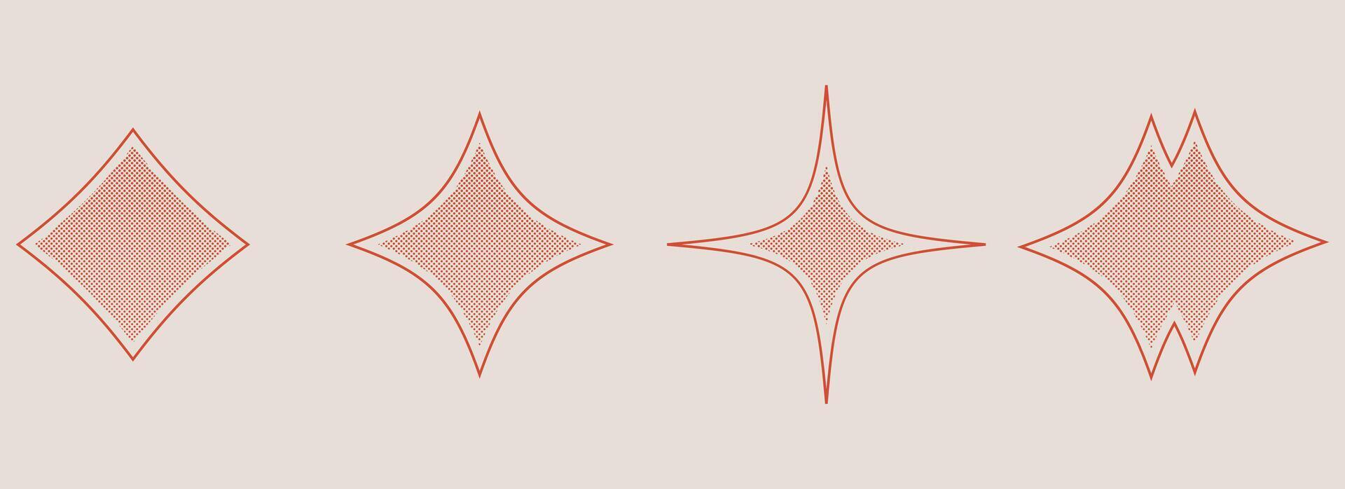 Set of star sparkle shapes with halftone effect. Black dots and pop art texture. Retro illustration vector