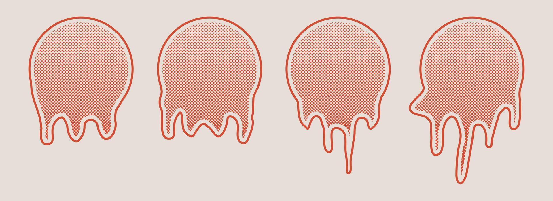 Circle blobs melting with halftone effect. Black dots and pop art texture. Retro illustration vector