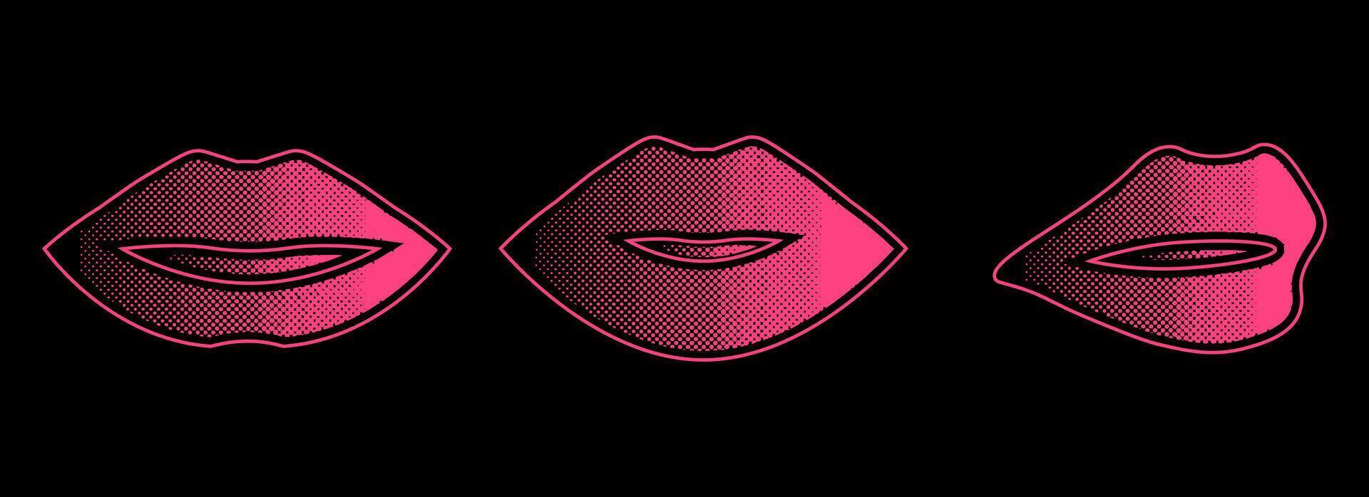 Set of retro lips with halftone effect. Black dots and pop art texture. Retro illustration vector