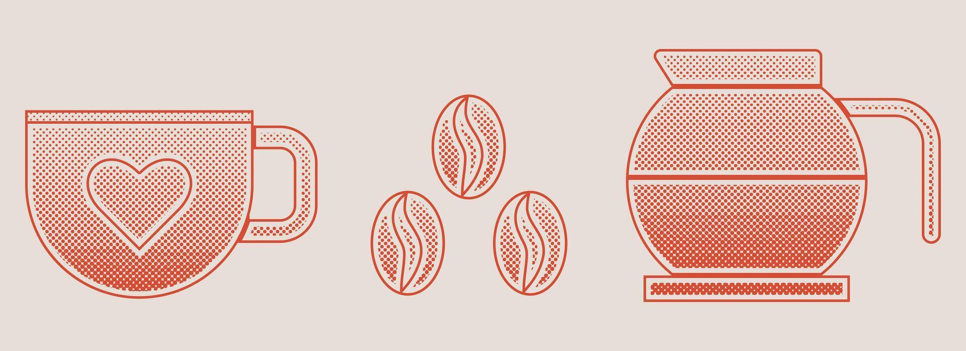 Set of coffee beverage with halftone effect. Black dots and pop art texture. Retro illustration vector