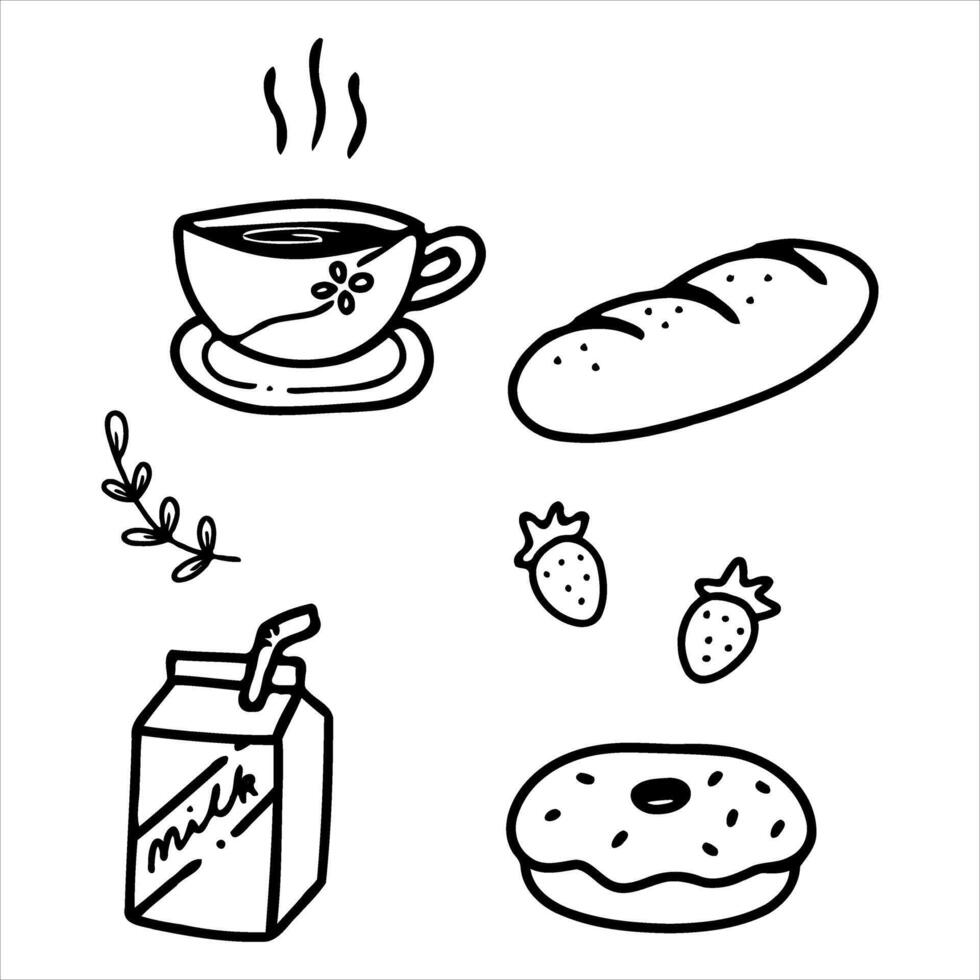 Handdrawn line art Breakfast elements vector