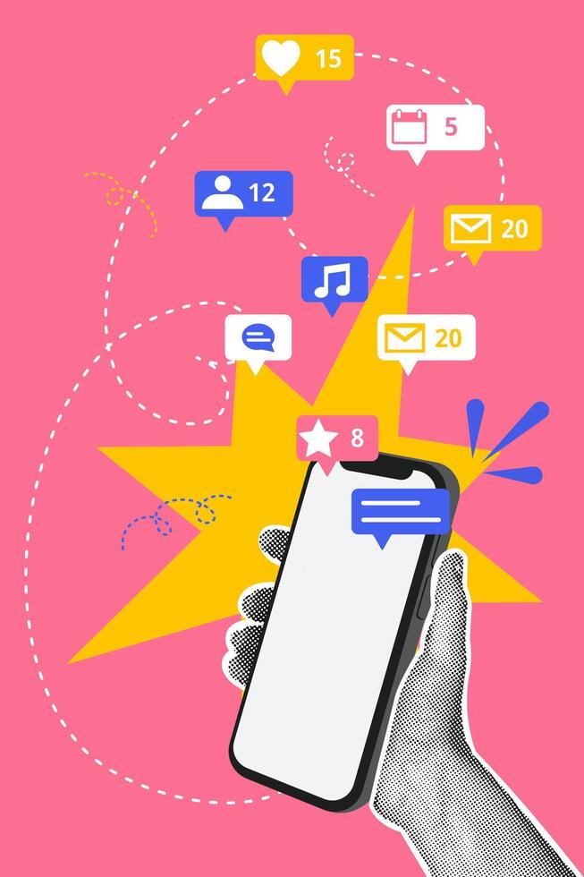 Contemporary halftone collage. Concept of mobile apps and services, online communication, social media,rating.Business creative illustration for web banner, social media post, business presentation vector