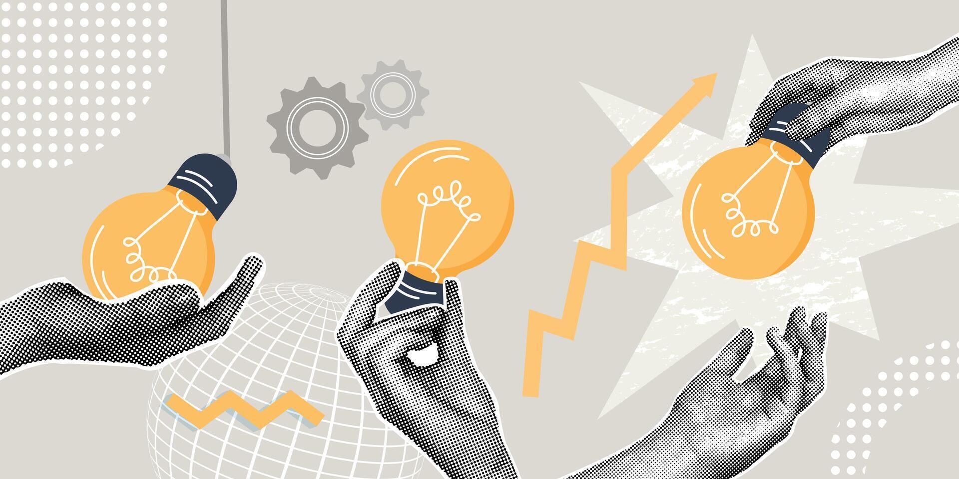 Trendy halftone collage Hands holding a light bulb. New ideas and solutions in business.Learning and education concept. Creative mind and brainstorming. vector